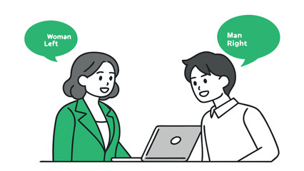 Fototapeta premium Illustration of man and woman discussing work together in office with laptop 
