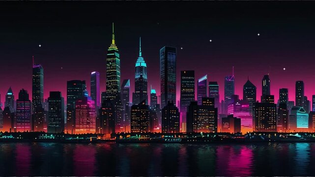 Looped animation of a night cityscape. Modern deeptown with high skyscrapers at night on the riverbank, based on AI illustration.