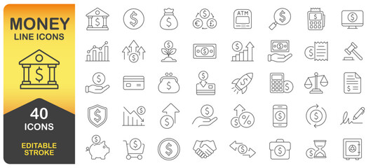 Money and Banking Editable Stroke Line Icons Set. Personal Finance Thin Line Icon Collection. Budget, Savings, Expense, Income, Loan, Dollar, Euro, Pound. Isolated Vector Illustration Image.