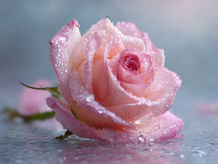 Close-up of a pink rose adorned with water droplets glistening.