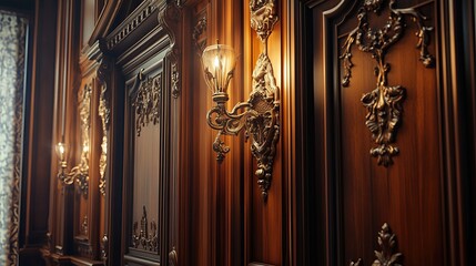 opulent interior featuring rich wooden wall paneling with intricately carved details and elegant brass sconces providing warm lighting.
