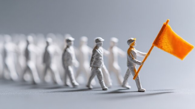 A person leads a group, holding a flag, symbolizing guidance and the act of taking charge, with others following.