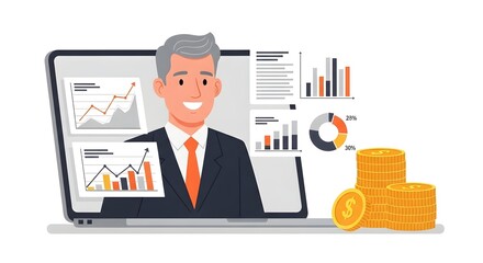 Businessman Presenting Financial Data on Laptop Screen with Coins.