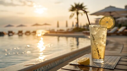 Refreshing cocktail by the pool at sunset with palm trees and golden hour light