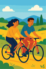 Obraz premium Couple cycling together in the countryside Illustration