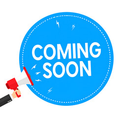 Coming soon announcement megaphone isolated on transparent background