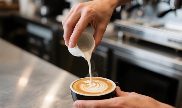 Close-up of hands pouring steamed milk into a cup of espresso, creating latte art, stainless steel counter and coffee equipment in background, realistic lighting.