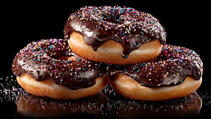 Three chocolate frosted donuts with colorful sprinkles on black background frosting sweet