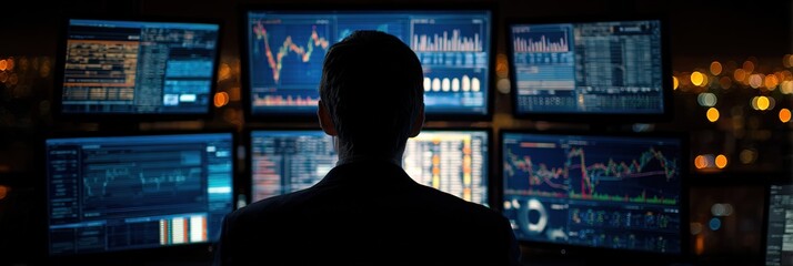 A professional person stands in front of multiple computer screens displaying data and graphs