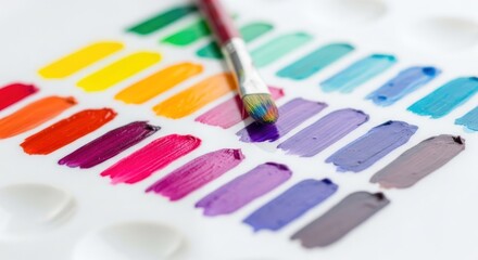 Colorful paint swatches arranged on a white palette, with a paintbrush resting atop