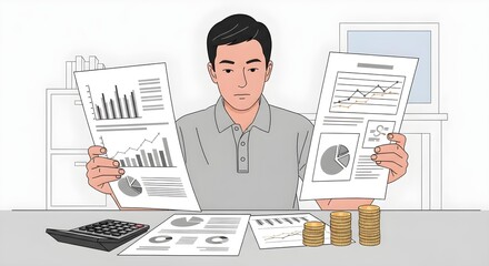 Man Analyzing Financial Reports with Charts and Graphs in Office.