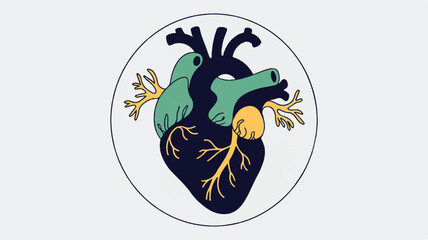 Stylized Human Heart Illustration Inside a Circle with Blue Green and Yellow Accents Showing Cardiovascular Anatomy for Medical or Educational Use