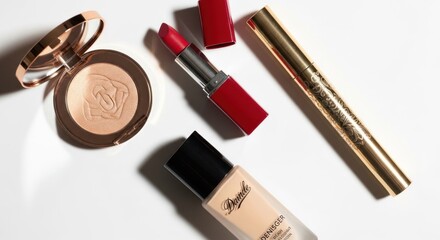 Obraz premium Cosmetic products, lipstick, compact powder, mascara, foundation, on white background