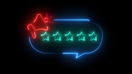 Glowing Neon Megaphone and Five Star Rating Speech Bubble – Customer Feedback Review Concept. Customer service evaluation concept.