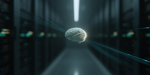 Futuristic AI Brain Illuminated Over Data Center Hardware with Neon Glow and Digital Energy Vibes
