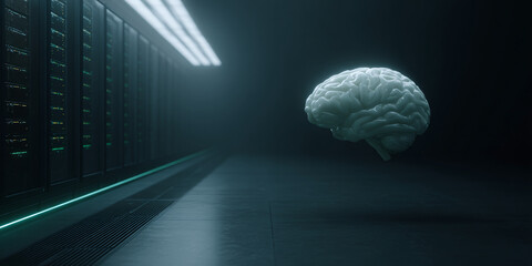 A futuristic AI brain glowing above a server rack with intricate neural connections and digital energy pulses in a high-tech data center environment