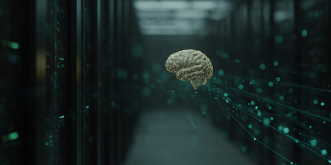 A futuristic AI brain glowing above a server rack with digital energy and neural connections in a high-tech data center