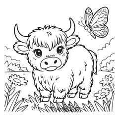 Cute Baby Yak Coloring Page – Adorable Highland Cow with Butterfly and Flowers – Kawaii Farm Animal Line Art for Kids