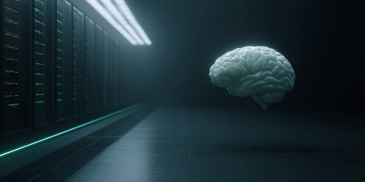 A futuristic AI brain glowing above a server rack with intricate neural connections and digital energy pulses in a high-tech data center environment