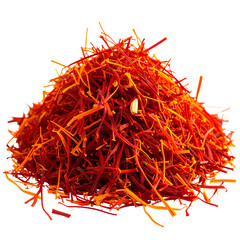 Naklejka premium Golden Threads Isolated On White Background: A close-up shot showcasing the vibrant, fiery red threads of saffron, prized as a precious spice. Its intense color. 