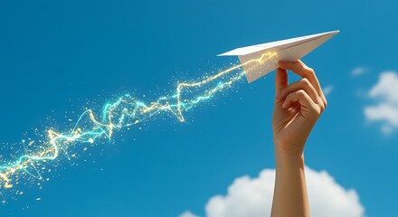Paper Airplane Soaring with Electric Trail Against a Bright Blue Sky