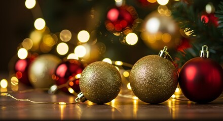 Fototapeta premium Christmas decor featuring gold red ornaments bokeh lights a dark surface