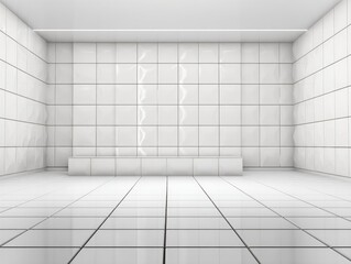 White, tiled room with a raised platform.  Empty, modern interior