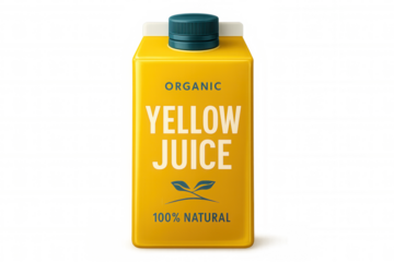 Yellow juice carton displaying fresh, clean packaging with transparent backdrop, highlighting natural, organic beverage design