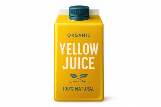 Yellow juice carton displaying fresh, clean packaging with transparent backdrop, highlighting natural, organic beverage design