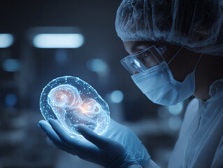 Scientist examining a holographic representation of cells.