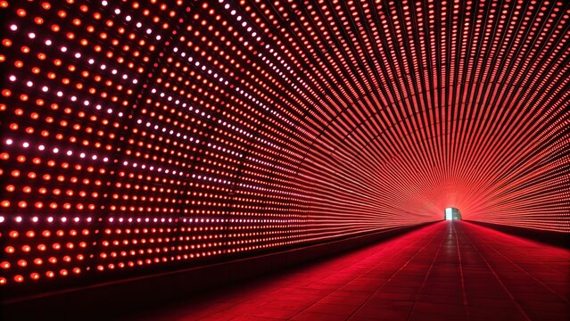 Fototapeta Illuminated red tunnel with glowing lights and a distant bright exit