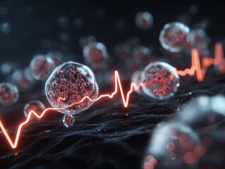 Abstract representation of cells and heartbeat visualization.
