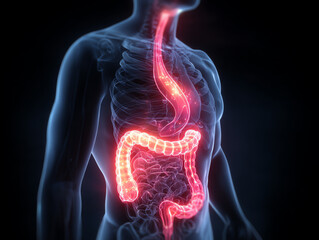 Illustration of human digestive system in glowing detail.