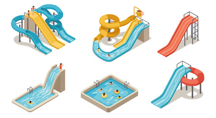 Isometric water park slides and pools set for summer fun and recreation
