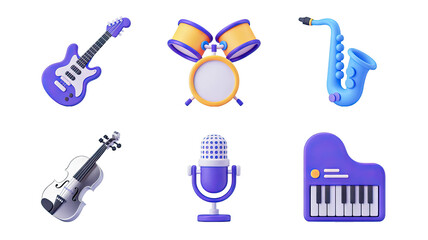 Vibrant collection of stylized musical instruments including guitar, drums, saxophone, violin, microphone, and piano.