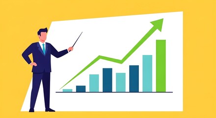 Businessman Presenting Growth Chart with Green Arrow and Bar Graph.