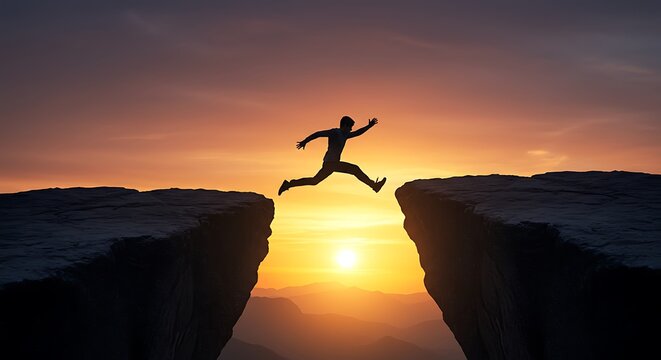 Silhouette of a Person Leaping Over a Cliff at Sunrise