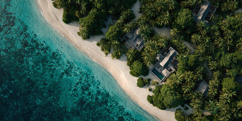 Aerial drone view of luxury villa on tropical island with palm trees and turquoise ocean in the background under clear blue sky
