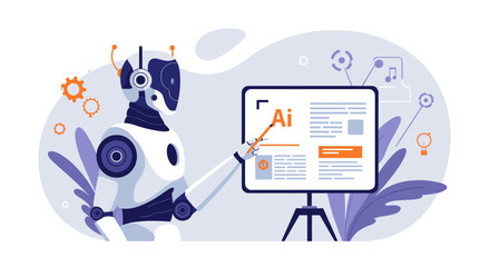 Futuristic robot presenting artificial intelligence concepts in a modern graphic style