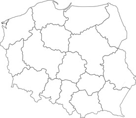 A detailed vector outline map of Poland, clearly showing the boundaries of its 16 provinces. Ideal for educational or data-driven projects