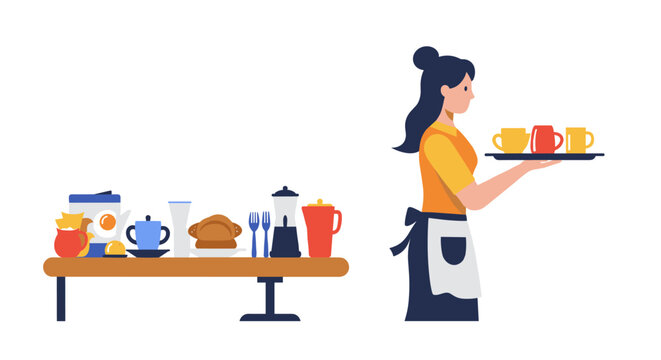 Waitress serving coffee and breakfast with table setting in flat design