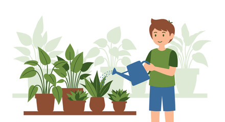 Boy Waters Potted Plants In His Room In A Flat Vector Illustration