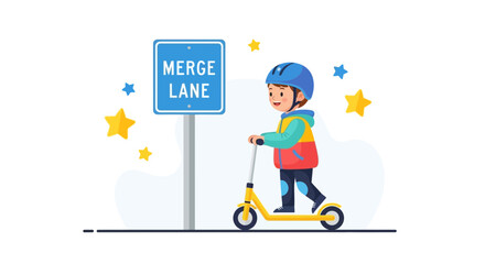 Boy Wearing Helmet Riding Scooter Near Merge Lane Sign Illustration