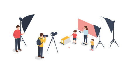 Isometric family photo shoot session with professional photography equipment