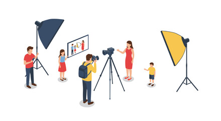 Isometric family photo shoot scene with photographer and lighting setup