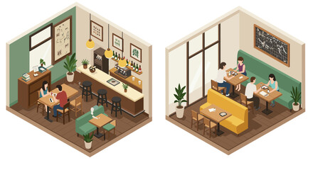 Cozy isometric cafe interior with people enjoying drinks and socializing