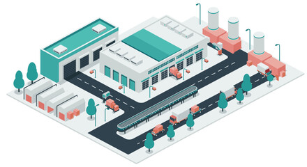 Obraz premium Isometric industrial factory complex with conveyor belt and trucks