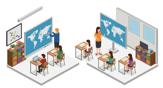 Isometric classroom scene with teachers and students learning geography