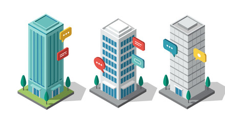 Isometric city buildings with chat bubbles and trees