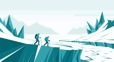 Brave Hikers Explore The Icy Landscape Of The Frozen Mountains Adventure